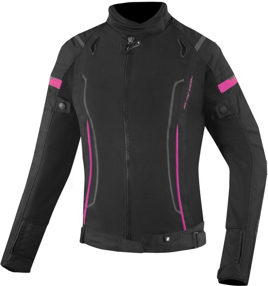 Zwarte dames motorjas met roze accenten en reflecterende details.