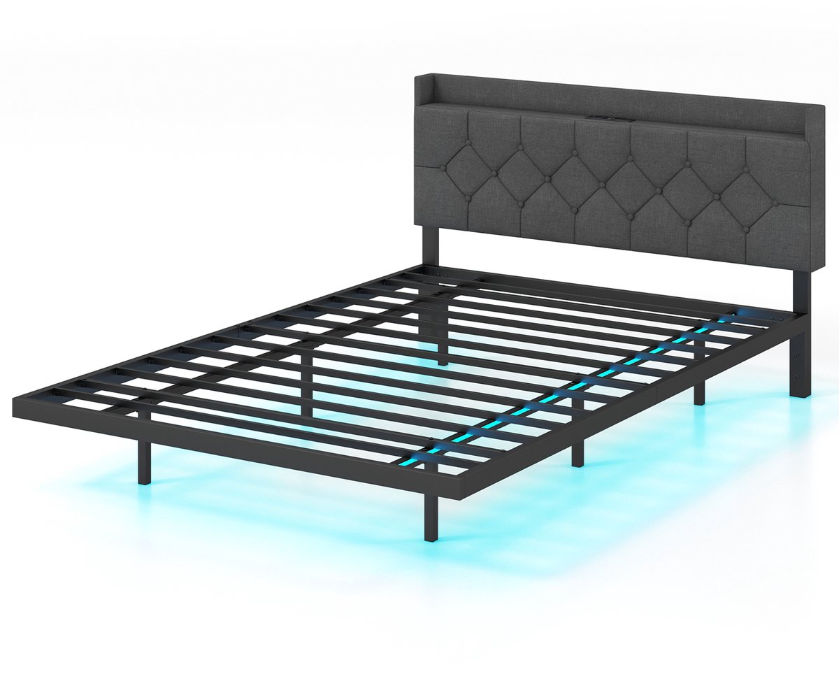 Costway Gestoffeerd bed met ledverlichting en laadstation, 140 x 200 cm, bed met verstelbaar gewatteerd hoofdeinde en lattenbodem, tweepersoonsbed, bedframe