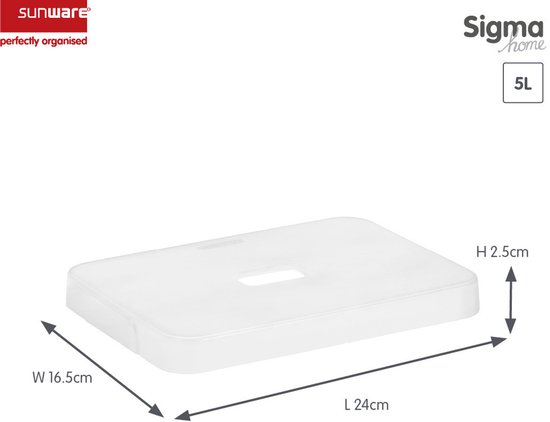 Transparante deksel met afmetingen L 24cm, W 16.5cm, H 2.5cm, met tekst Sunware, Sigma home 5L