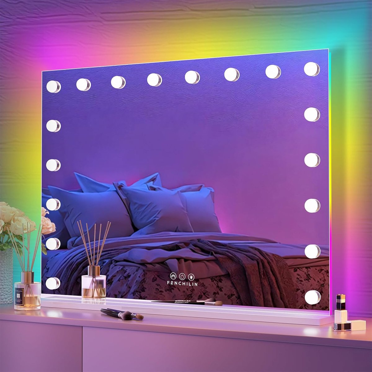 Hollywood Spiegel met RGB LED-verlichting 80x60 cm - Make-up Spiegel met Dimbare Lichten en Touchscreen Bediening