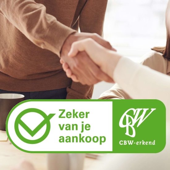 Twee handen schudden elkaar de hand. Links een groene cirkel met een vinkje en tekst 'Zeker van je aankoop'. Rechts een groen logo met 'BW-erkend'.