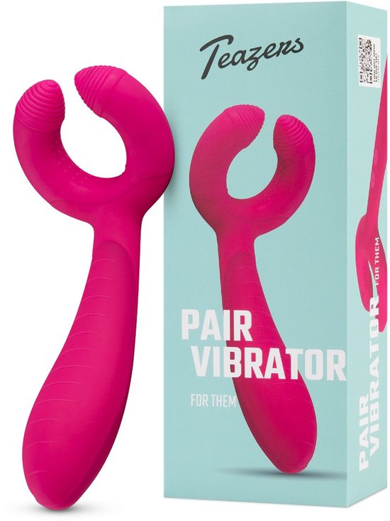 Fuchsia vibrator met gebogen vorm en textuur. Staat naast een doos met 'Teazens PAIR VIBRATOR'.