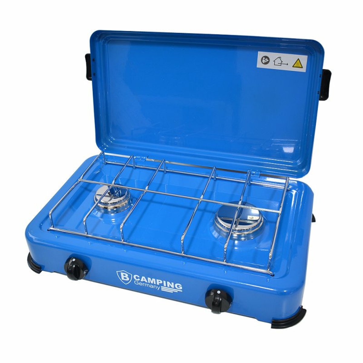 B-Camping kookpit/kookstel - 2-pits - blauw - metaal - 47 x 34 x 10 cm - voor gasflessen - gasfornuis