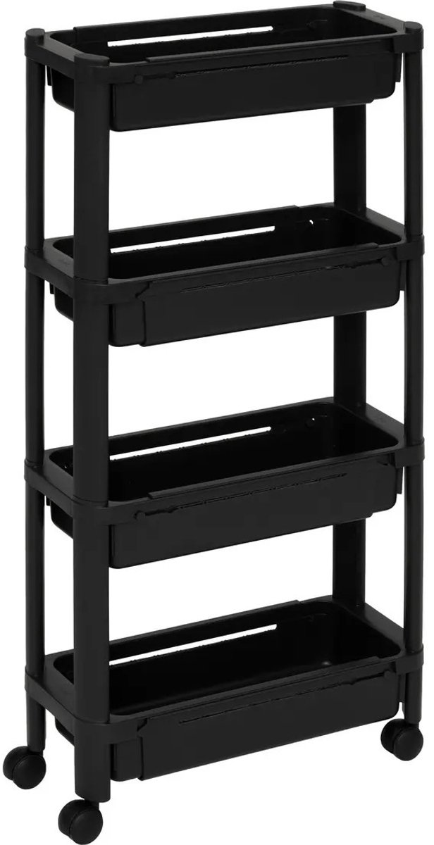 Trendoz Keuken/badkamer trolley 4 laags - L37 x B15 x H79 cm - zwart - PP kunststof - met wielen - opberg mandjes/bakjes