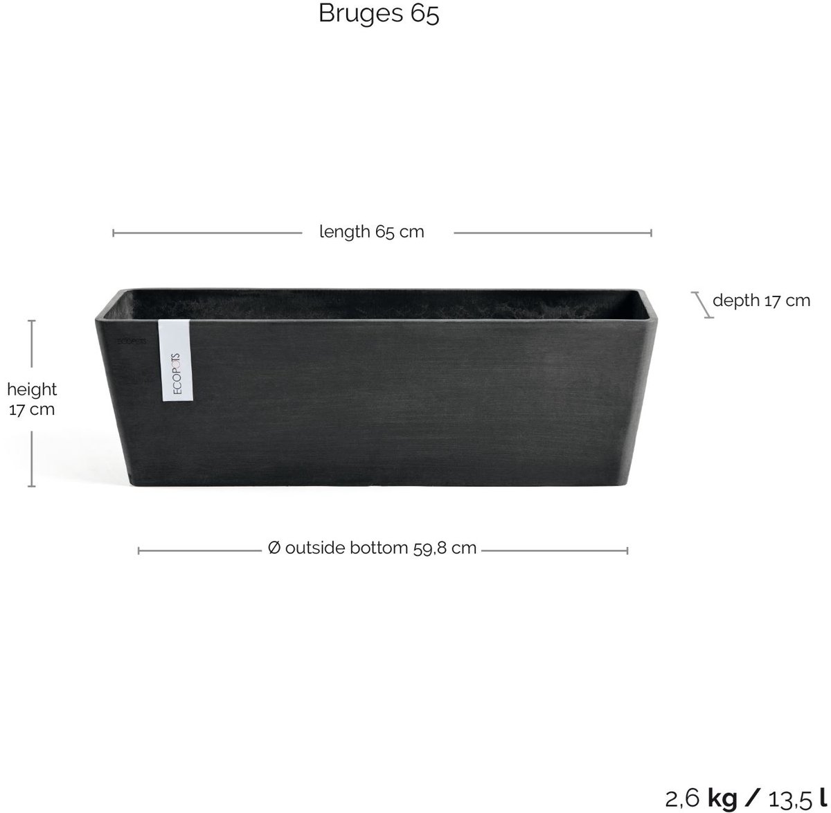 Ecopots Bruges 66 - Gris foncé - 65,3 x 16,3 x H17 cm