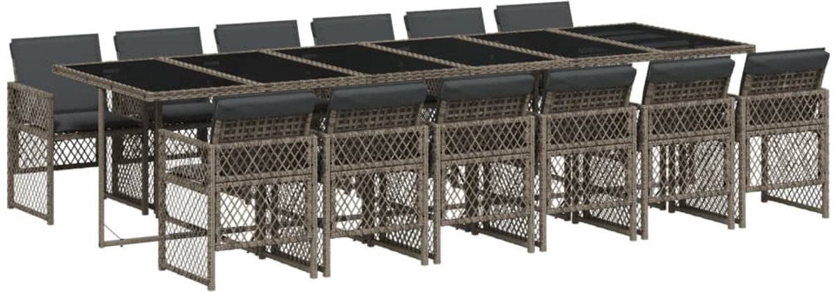 The Living Store 13-delige Tuinset met kussens poly rattan grijs - Tuinmeubel - Tuinset - Buitendecoratie - Lounge Set - Eetkamerset