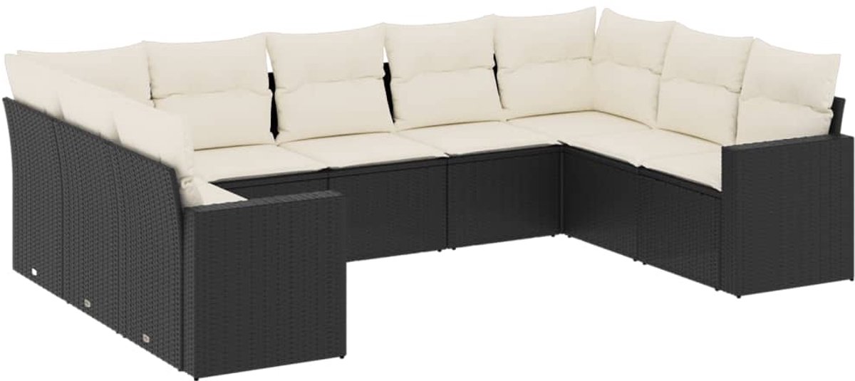 The Living Store 9-delige Loungeset met kussens poly rattan zwart - Loungeset - Tuinset - Buitendiner - Loungehoek - PE-rattan