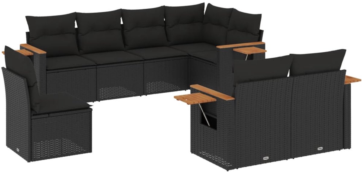 Zwarte poly rattan loungeset met kussens voor tuindecoratie - The Living Store.