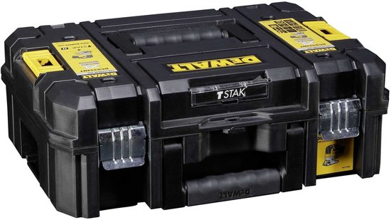 Zwarte DeWalt TSTAK opbergkoffer met gele accenten en handvatten.