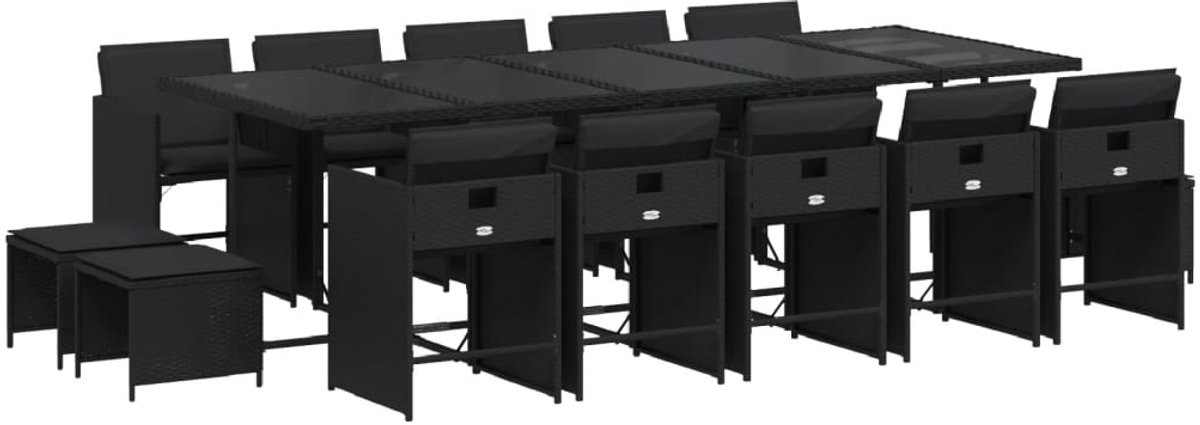 The Living Store 15-delige Tuinset met kussens poly rattan zwart - Tuinmeubleset - Buitenmeubels - Ratten Set - Zwarte Tuinstoelen - Lounge Set