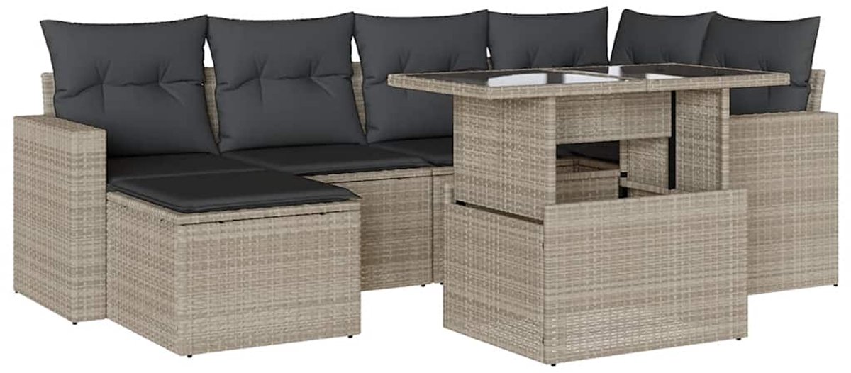 The Living Store 7-delige Loungeset met kussens poly rattan lichtgrijs - Loungebank - Tuinmeubels - Lounge Set - Buitendecoratie - Outdoor Living