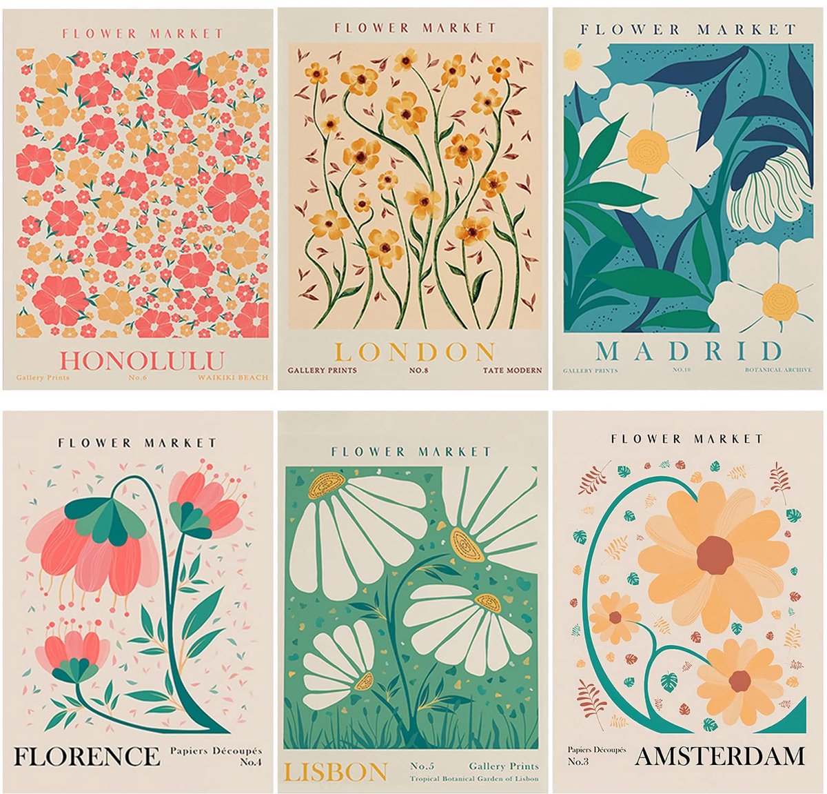 Ibenzoa Set van 6 Artistieke Bloemenprints voor Stijlvolle Wanddecoratie zonder Lijst, 20 x 25 cm beige