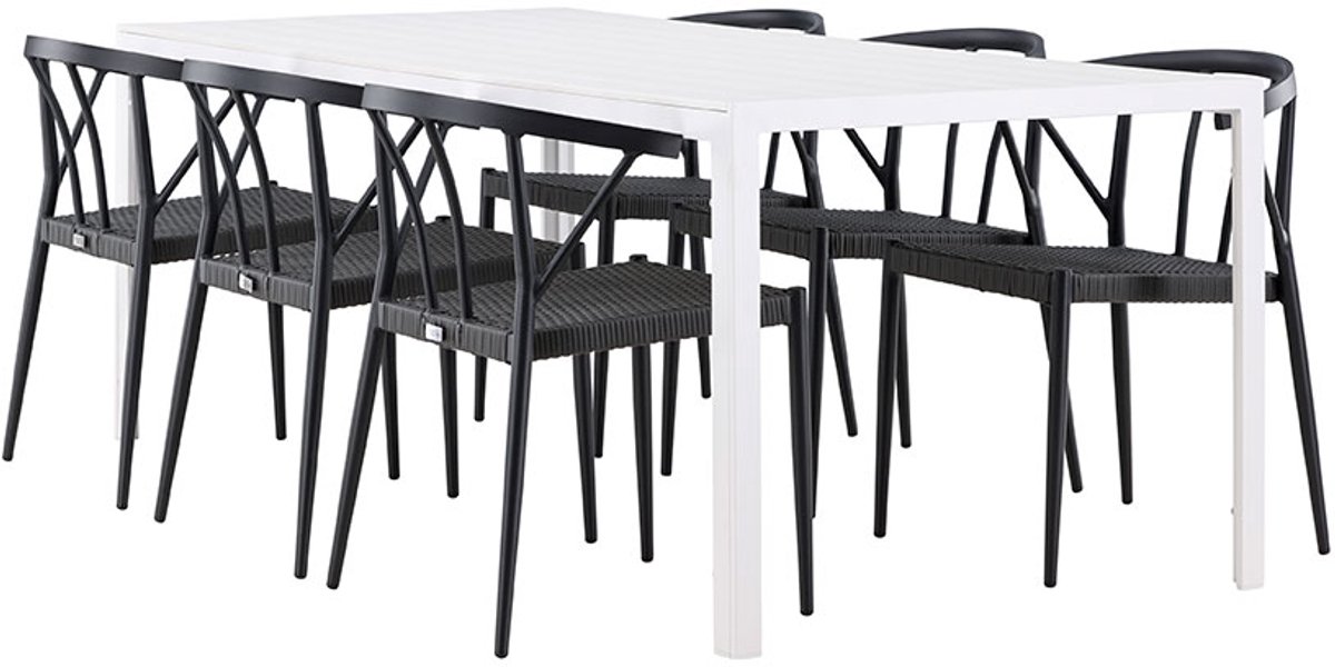 Break tuinmeubelset tafel 90x205cm wit, 6 stoelen zwart.