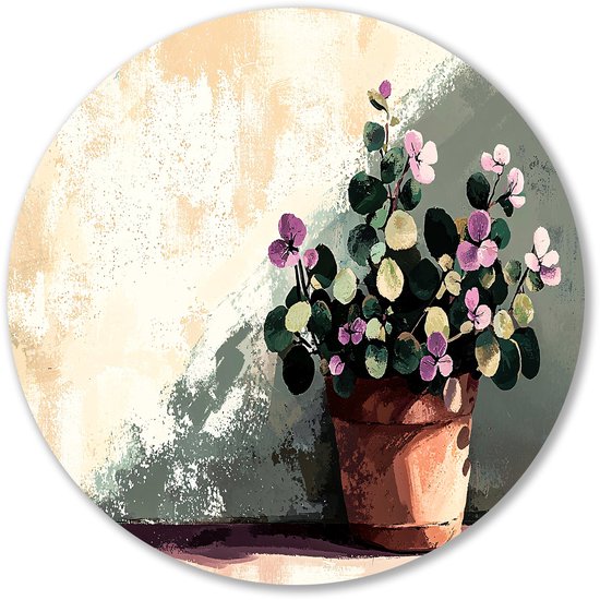 Houten Wanddecoratie vintage bloemen in linnen look - Bloemdecor - Rond