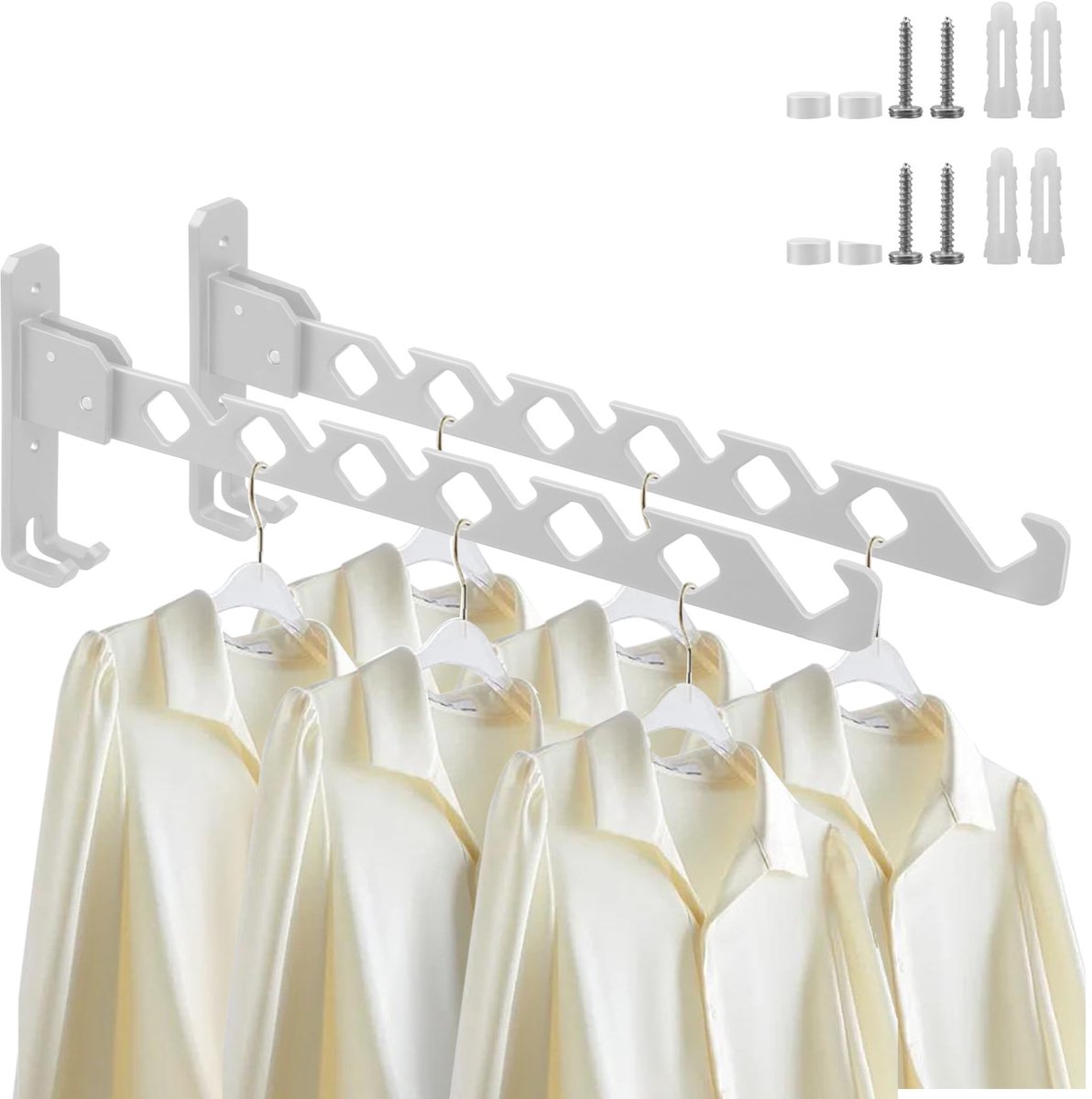 Ibenzoa Innovatieve Inklapbare Aluminium Kledingstangen voor Wandmontage met Haken - Set van 2 Stuks, Wit
