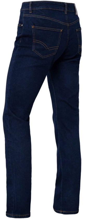 Achterkant van Brams Paris Bram x21 donkerblauwe stretchjeans met oranje stiksels op de zakken.