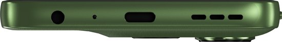 Onderkant van een groene Motorola telefoon met poorten en luidsprekers.