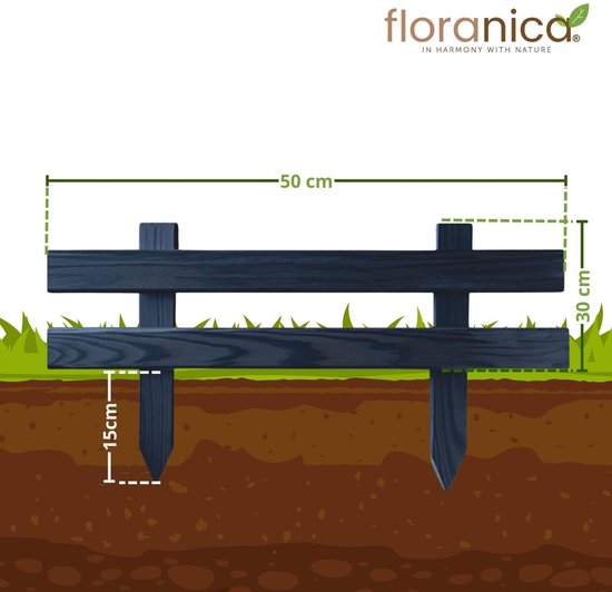 Floranica® Clôture de jardin en bois Farmer | 4 pièces | 50 cm | 30cm de haut | Anthracite | Clôture en pin imprégné pour parterres de fleurs, cultures maraîchères, clôtures de chemin ou clôtures pour parcours d'animaux | portail à mortaise