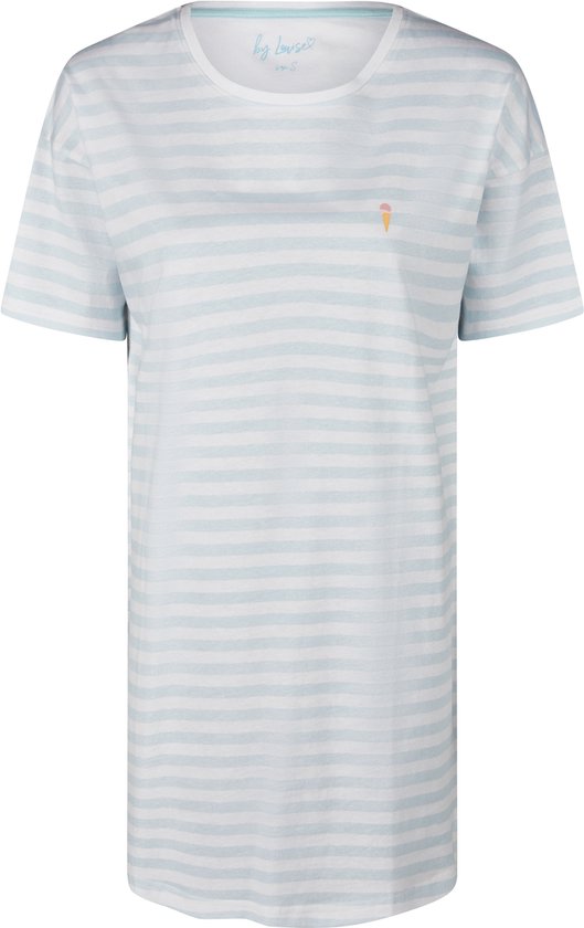 Lichtblauwe en witte gestreepte top met korte mouwen en een klein ijshoorntje op de borst.