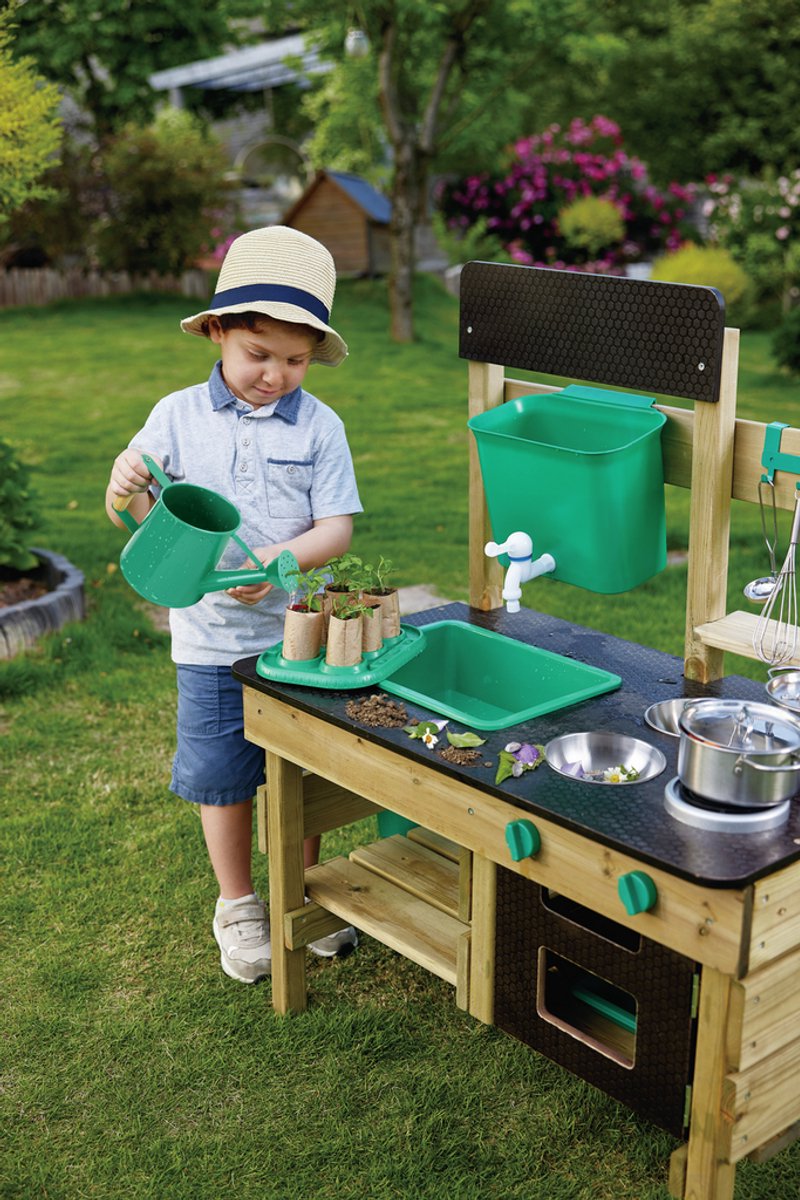 Hape Premium Buitenkeuken Modderkeuken - Speelkeuken Buiten met Watertank en Kraan - Duurzaam Hout - 3 Jaar+ — afbeelding 14