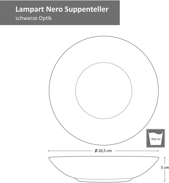 Lampart Nero soepteller, zwarte optiek, 20,5 cm diameter, 5 cm hoog.