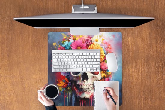 Muismat XXL 60x60 cm - Bureau onderlegger - Bureau mat Schedel - Bloemen - Doodshoofd - Kleurrijk - Bureaumat - Gaming mousepad xl - Bureaulegger groot - Computer deskmat