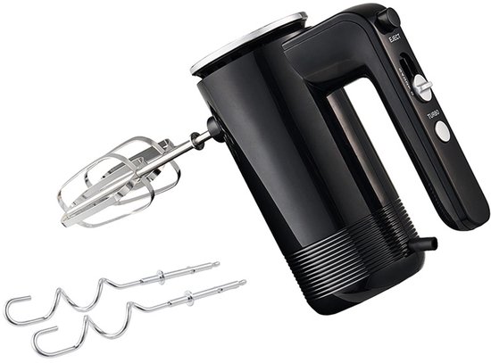 Zwarte handmixer met chrome ejectknop, snelheidsregelaar, turboknop en twee gardes.
