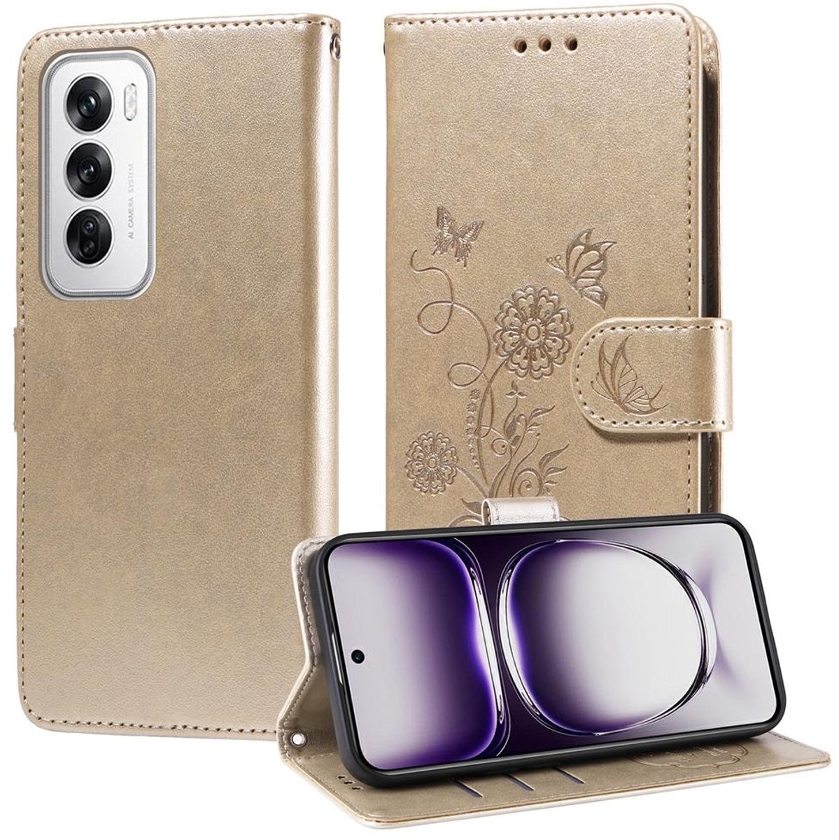 Mobigear Telefoonhoesje geschikt voor OPPO Reno 12 Pro Hoesje | Mobigear Flowers Bookcase Portemonnee | Pasjeshouder voor 3 Pasjes | Telefoonhoesje voor Pinpas / OV Kaart / Rijbewijs - Goud