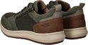 Achterkant van twee groene sneakers met rits en bruine accenten.
