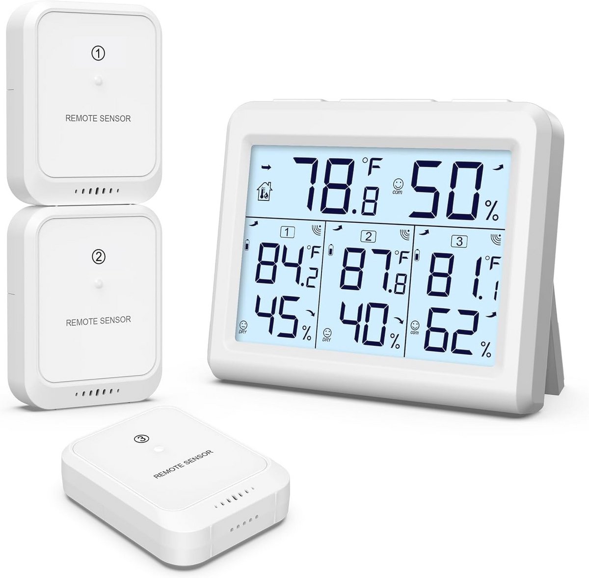 Thermometer en Hygrometer met Meerdere Sensors - Binnen en Buiten, Groot LCD-Display en Achtergrondverlichting, Min/Max-Hoeveelheden, Ideaal voor Thuis en Kantoor - Wit