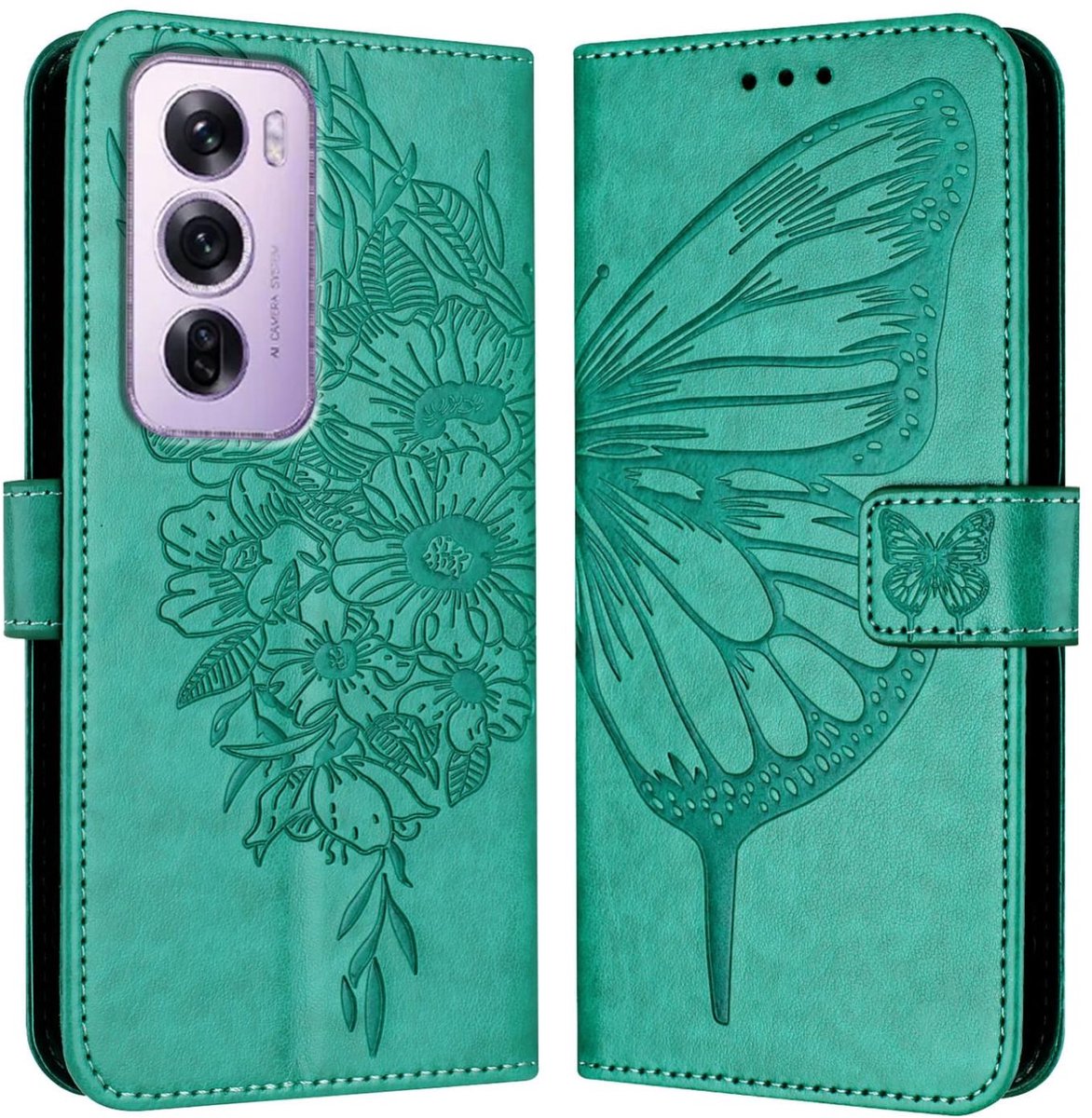 Mobigear Telefoonhoesje geschikt voor OPPO Reno 12 Pro Hoesje | Mobigear Butterfly Bookcase Portemonnee | Pasjeshouder voor 3 Pasjes | Telefoonhoesje voor Pinpas / OV Kaart / Rijbewijs - Groen