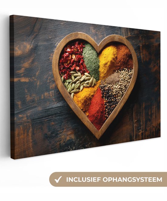 Tableau sur toile 180x120 cm - Décoration murale exclusive Bois - Coeur - Coloré - Épices - Accessoires de Décoration murale - Décoration murale de Cuisine - Peintures sur toile