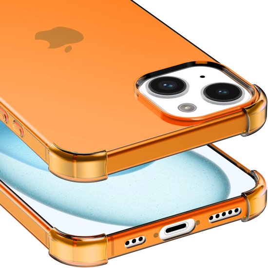 Close-up van de onderkant en achterkant van een oranje transparant telefoonhoesje met gouden hoeken.