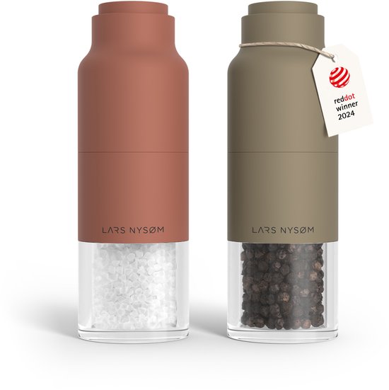 Ensemble de moulins à sel et à poivre manuels Omvendt de LARS NYSØM - Acier inoxydable - Mouture réglable (rouge brique/marron taupe)
