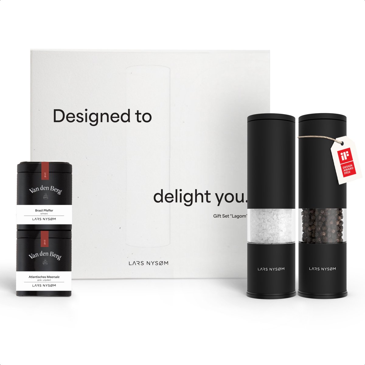 LARS NYSØM Spice Mills & Spices Gift Set - Zout- en pepermolenset met chilimolen en 2 kruidenpotjes (zout, peper, chili) - Een geweldig cadeau-idee dankzij de prachtige geschenkdoos (Carbon Black)