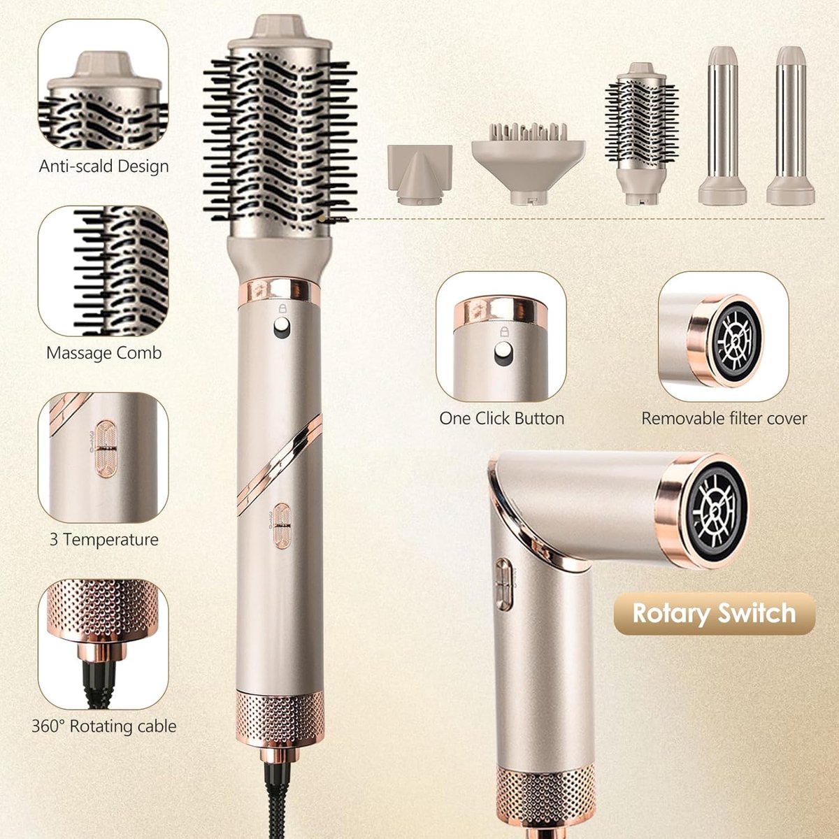 5-in-1 föhnborstel, 1000W airstyler, föhn, aircurler, - afbeelding 2