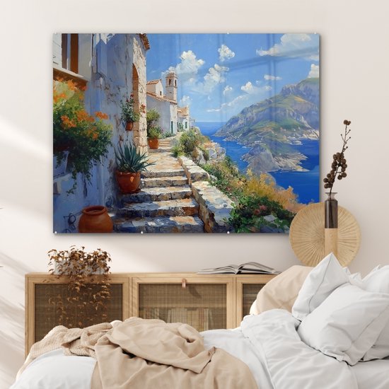 MuchoWow® Glasschilderij 120x90 cm - Schilderij acrylglas - Trap - Huizen - Berglandschap - Zee - Foto op glas - Muurdecoratie woonkamer - Wanddecoratie slaapkamer - Schilderijen