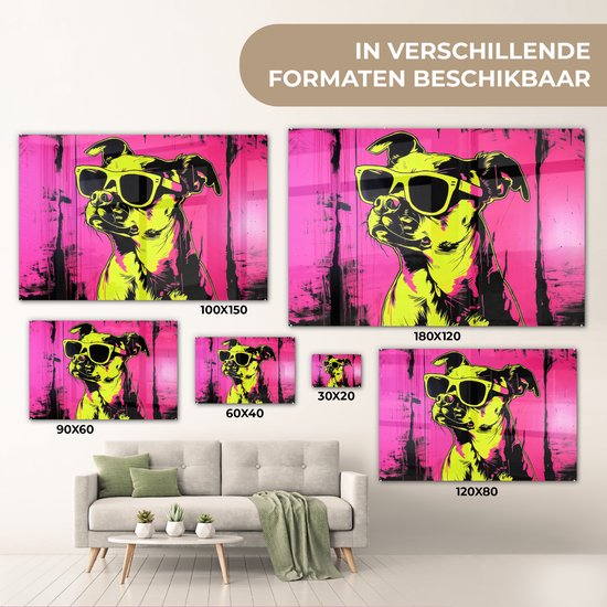 MuchoWow® Glasschilderij 120x80 cm - Schilderij acrylglas - Hond - Zonnebril - Roze - Art - Foto op glas - Muurdecoratie woonkamer - Wanddecoratie slaapkamer - Schilderijen