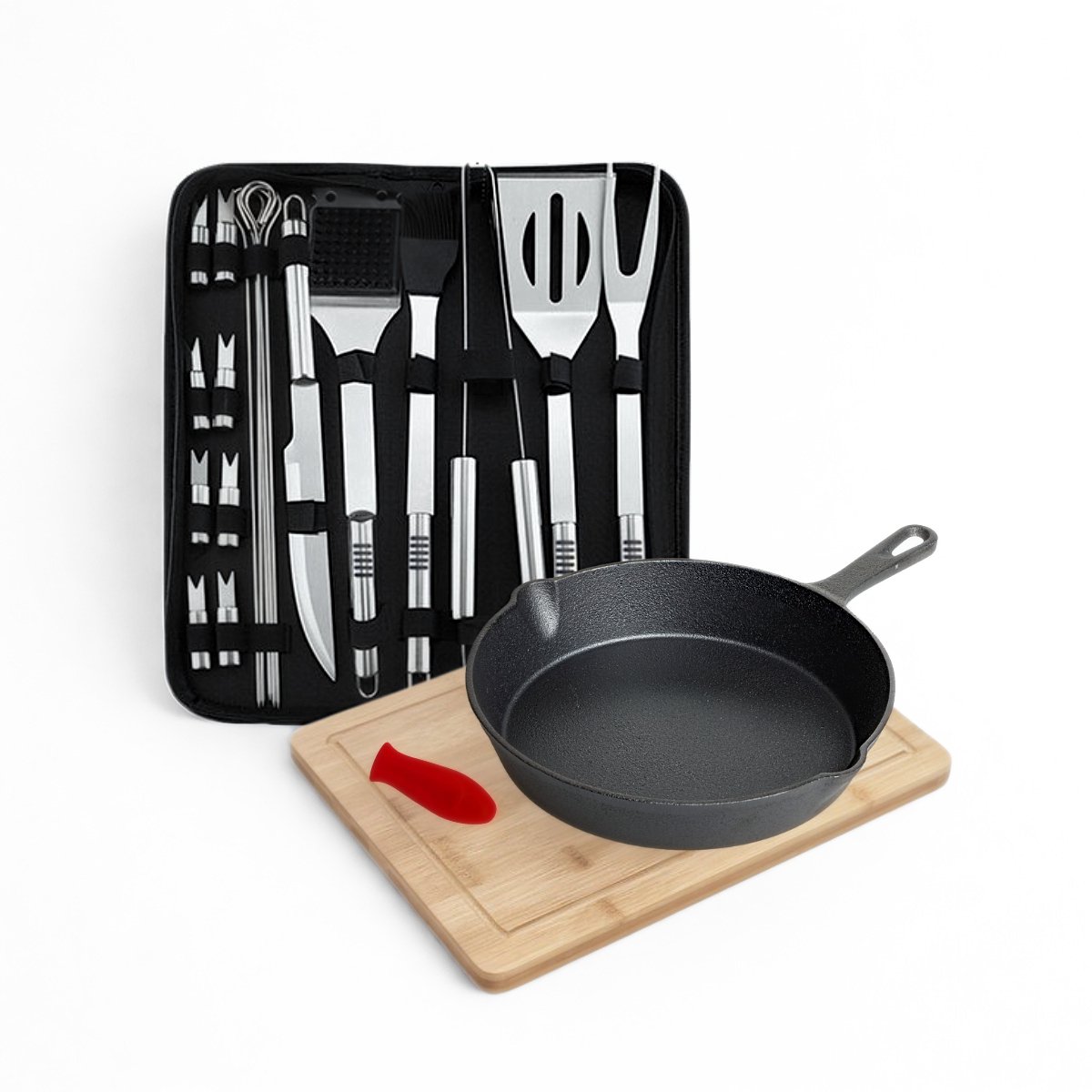 Blackwell Pannenset Barbecue & Grill Box XL Bruin/Zwart/Zilver - 6 Stuks - Gietijzer, RVS & Hout - Inductiegeschikt