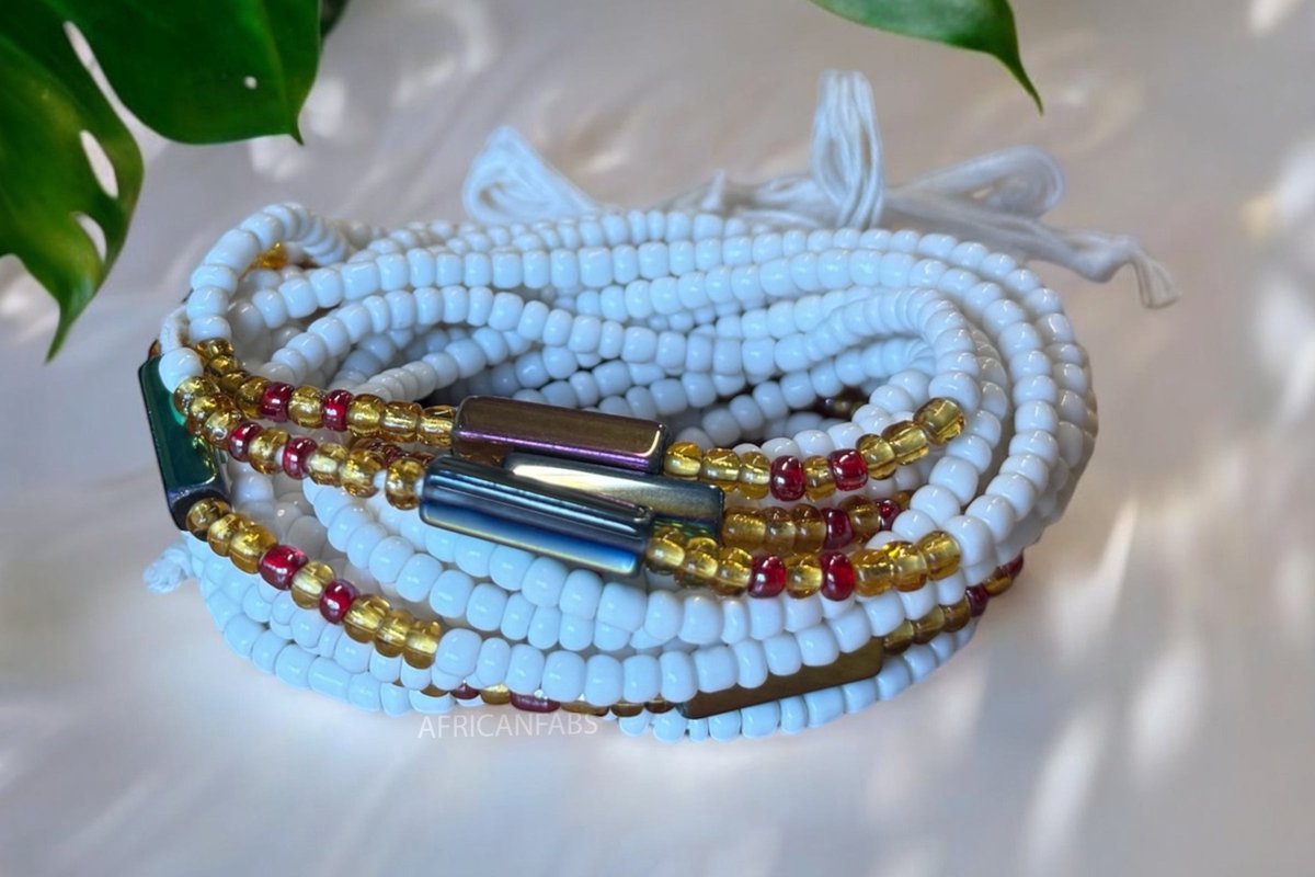 AfricanFabs® Waist Beads / Afrikaanse Heupketting - Ayo - Wit (Traditioneel niet-elastisch koord) - Buikketting - Taille ketting