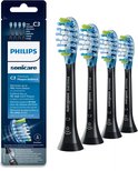 Verpakking met vier zwarte Philips Sonicare C3 opzetborstels met blauwe, witte en groene borstelharen.