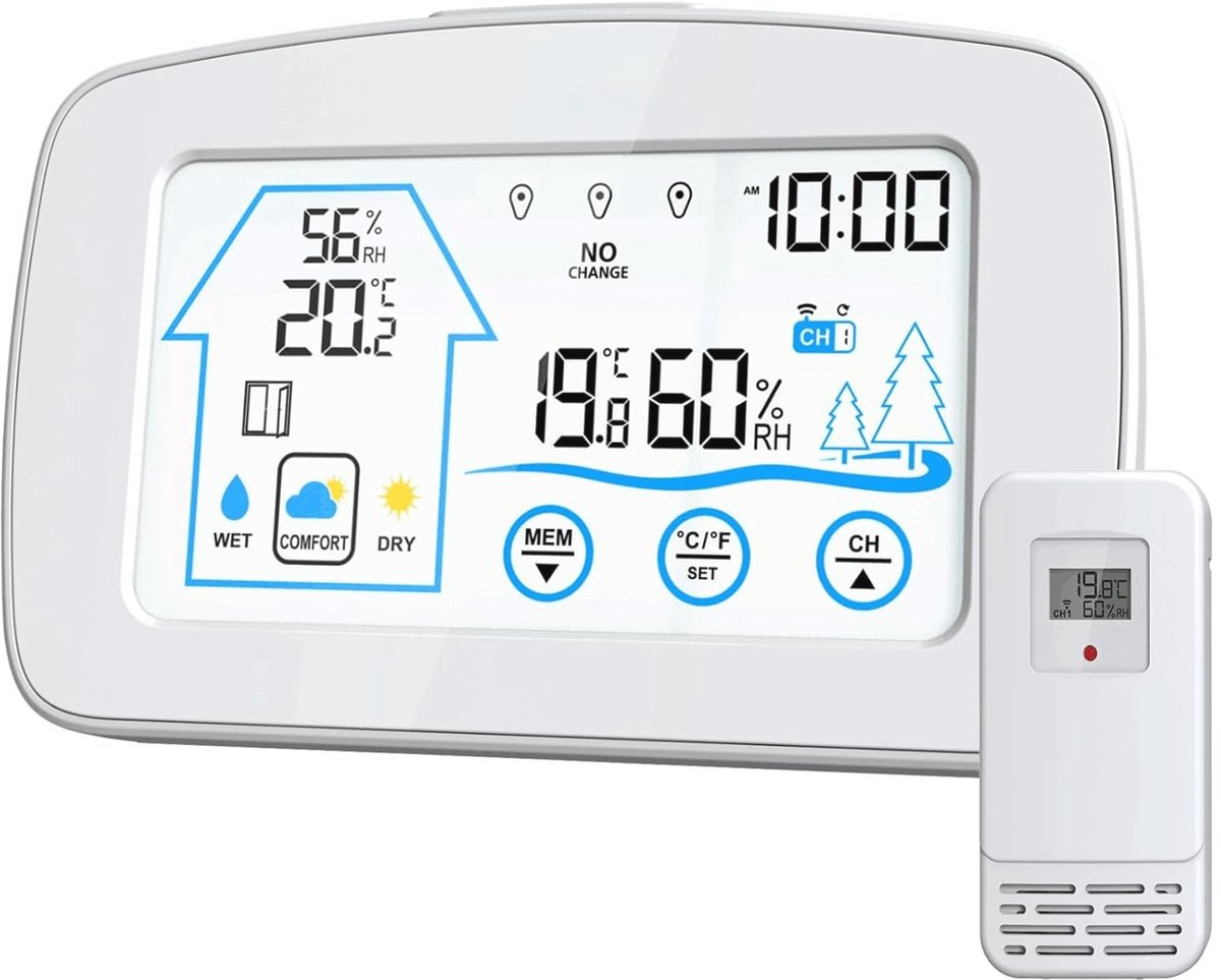 Weerstation met Draadloze Buitensensor - Temperatuur- en Vochtigheidsweergave, LCD-Touchscreen, Ramennotificatie