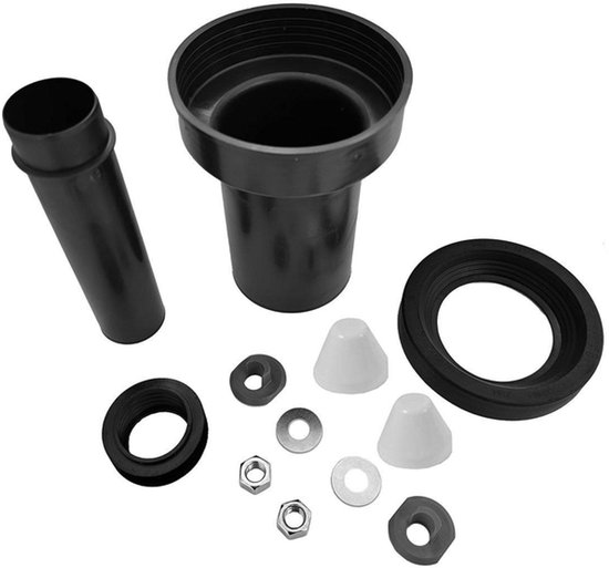 Toilet aansluitset met zwarte ringen, buizen, moeren en witte keggen.