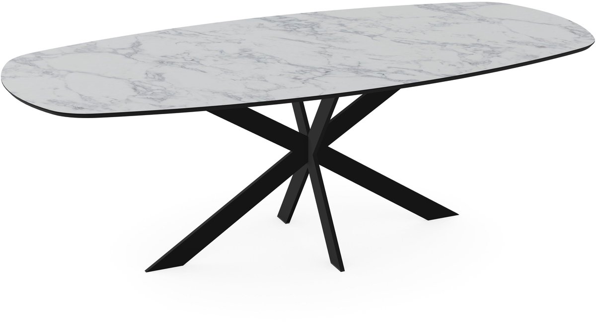 Melamine eettafel marmer wit - Deens ovaal met dun zwart onderstel - marmer tafel160 x 80 cm