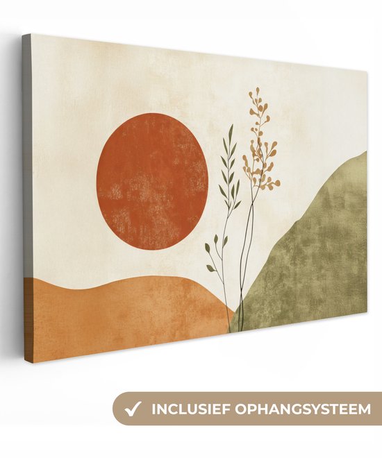Toile abstraite avec soleil orange, collines vertes et oranges, et branches.