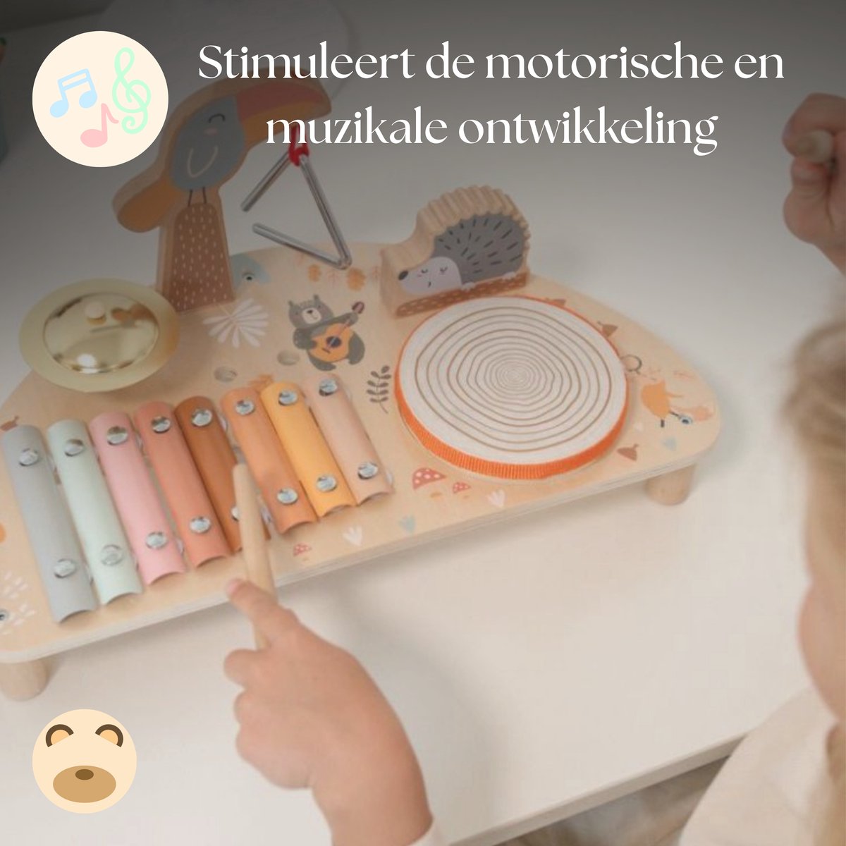 Beebie Babbels - Muziektafel – Muziek Speelgoed - Houten Speelgoed - Speelgoedinstrumenten - Muziekspeelgoed 1 jaar - Met Xylofoon, Triangel en Trommel — afbeelding 4