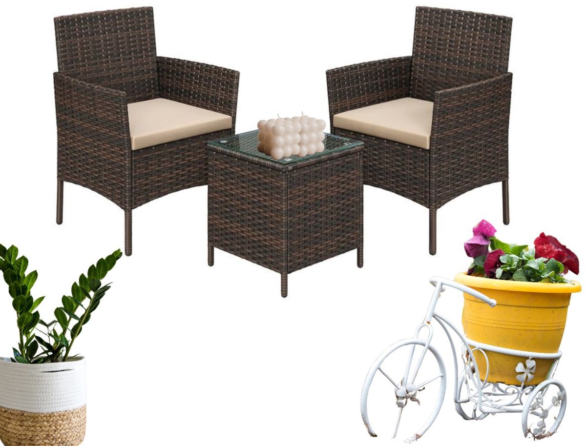 Tuinset met tafel en 2 stoelen van PE Polyrattan in zwart taupe.