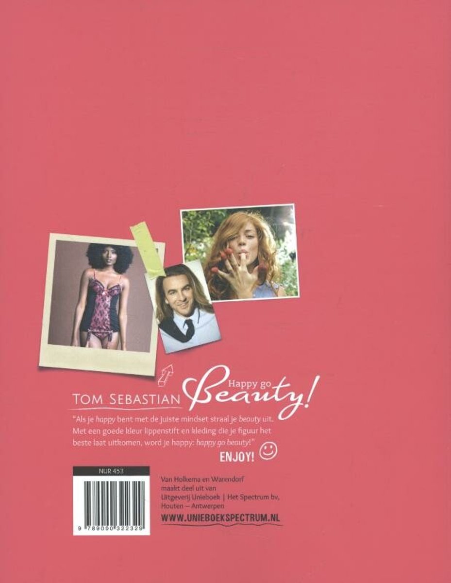 Achterkant van een boek met drie foto's: een vrouw in lingerie, Tom Sebastian en een vrouw die haar vingers likt. Tekst: "Happy go Beauty! TOM SEBASTIAN ... ENJOY!"