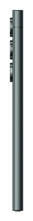 Zijkant van een donkergrijze Samsung Galaxy S24 Ultra, met de cameralens en knoppen zichtbaar.