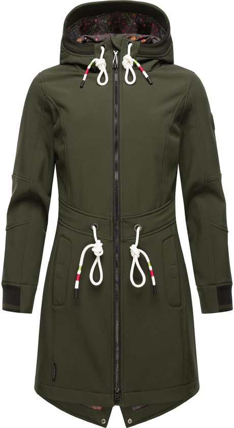Veste softshell verte pour femme avec capuche, cordons de serrage à la taille et à l'ourlet, avec boucles rayées.